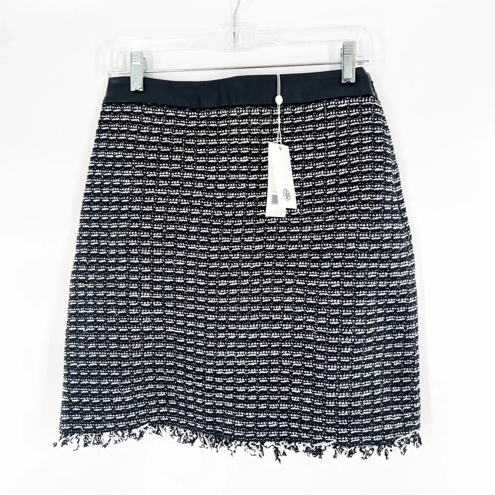 Tory Burch Tweed Raffia Fringe Stripe Skirt Leather Trim Black/White Size 6 NWT!